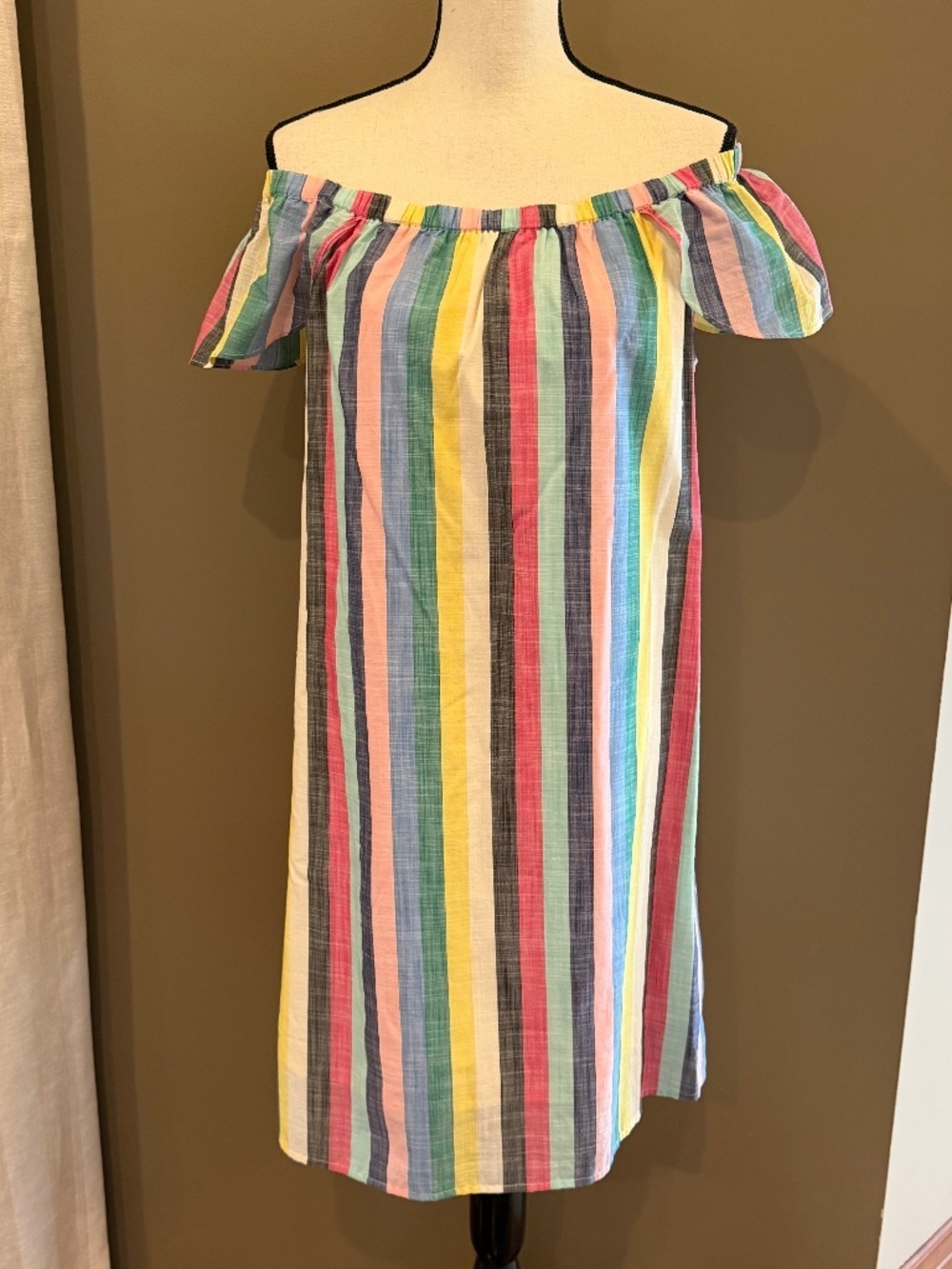 NWT J. Crew Rainbow Stripe Off the Shoulder Mini Shift Dress, Size 12